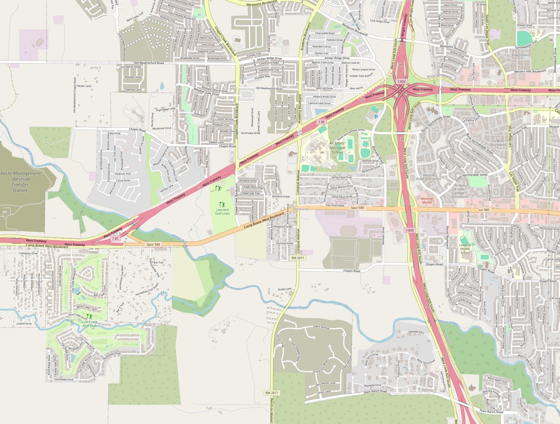 Map of West Fort Worth with the site marked on Camp Bowie West Blvd between I-30 and Loop 820