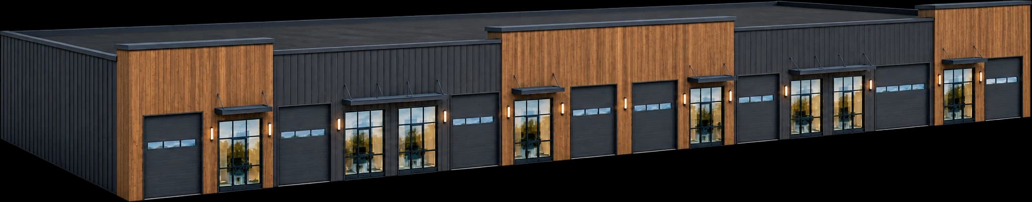 Aerial rendering of the building, eight storefronts and roll-up doors